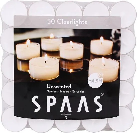 Spaas theelichtjes - Clearlights - 50 stuks - 4,5 branduren - wit
