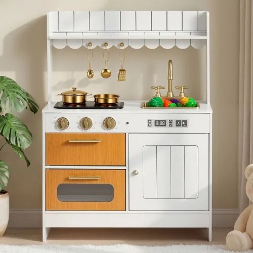 VEVOR Speelkeuken voor kinderen, Realistische houten speelkeuken met licht en geluid, Houten keuken met fornuis, oven, gootsteen, magnetron, kastjes, Keukenspeelgoed met kookset voor kinderen van 3-8 jaar, Beige