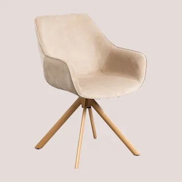 Lucy Eetkamerstoel Met Armleuningen In Fluweel Beige – Crème & Natuurlijk Hout - Sklum