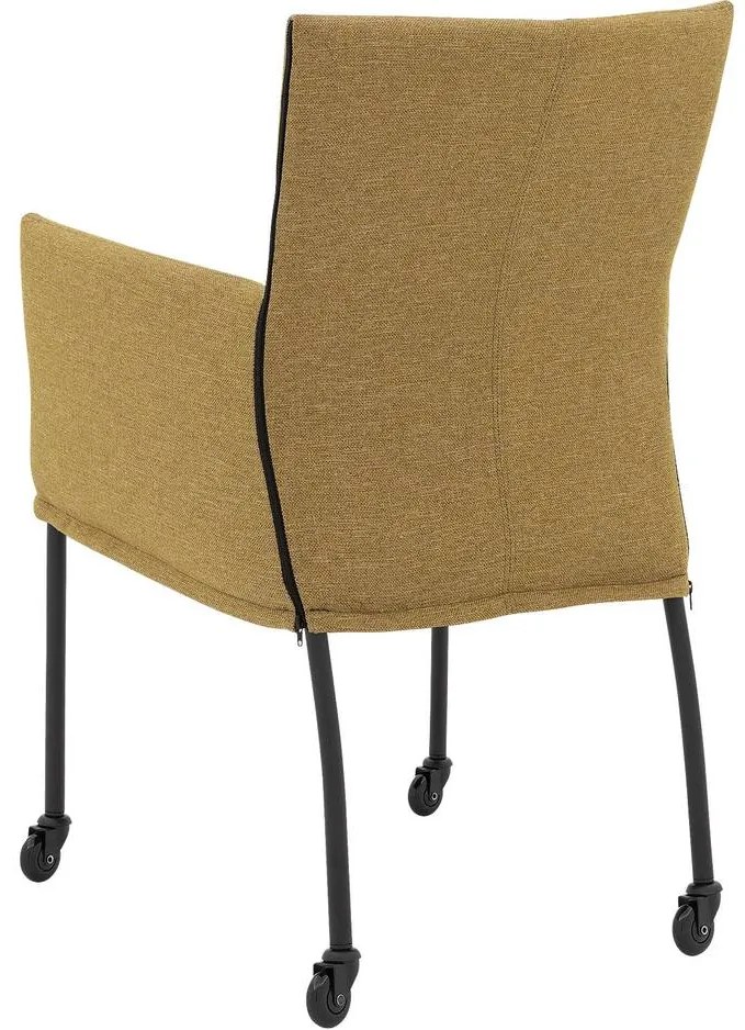 Goossens Eetkamerstoel Funk Zwarte Poten groen stof met armleuning en Zwart skater wiel met zwarte kapmet wielen, modern design