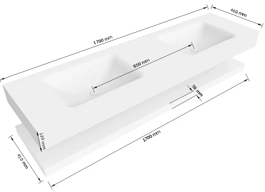 Zaro Alan badmeubel 170cm met planchet talc en vrijhangende wastafel cloud dubbel 2 kraangaten urban