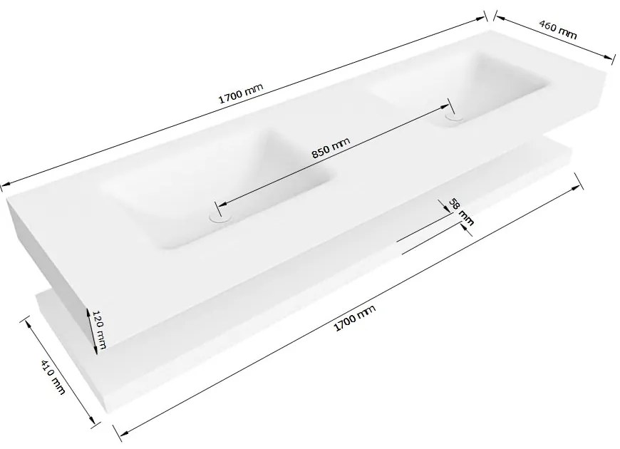 Zaro Alan badmeubel 170cm met planchet urban en vrijhangende wastafel cloud dubbel zonder kraangat talc