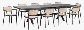 Uitbreidbare Rechthoekige Tafelset 240-300x100 Cm Karena En 10 Stapelbare Tuinstoelen Met Armleuningen Omara Grijs – Grafiet - Sklum