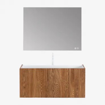 Badkamermeubelset In Hout Met Geïntegreerde Wastafel Fiore Donker Hout & Rectangular Led And Antifog 120x90 Cm Riben & Wit ↑30 - Sklum