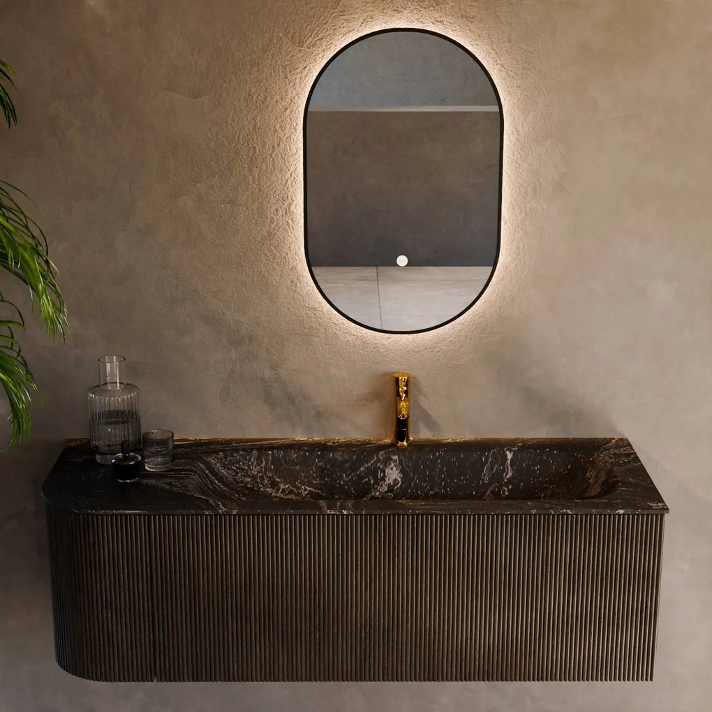 Mondiaz Kurve-dlux 135cm badmeubel ronding links shadow met 1 lade en deur en wastafel big medium kraangat rechts lava