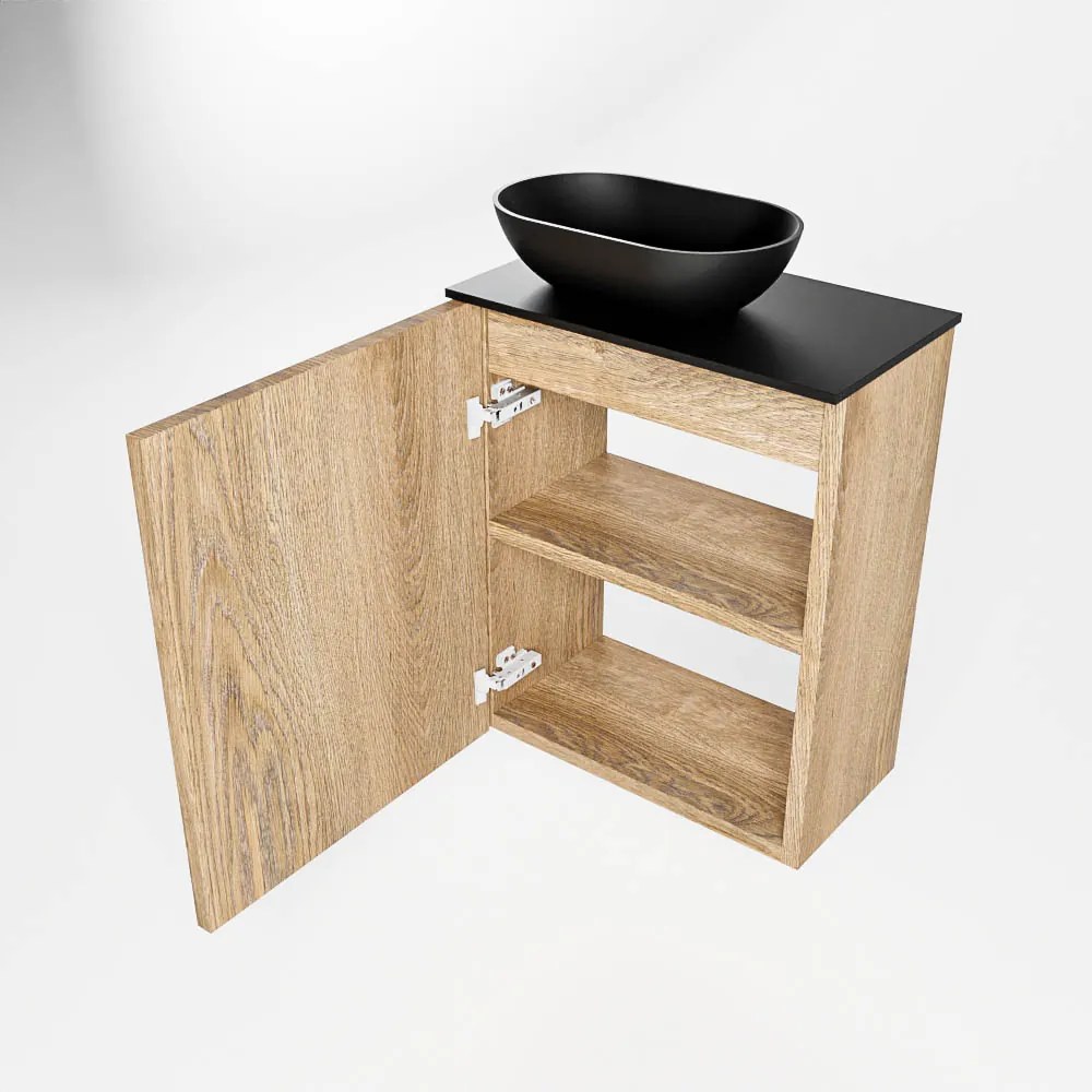 Mondiaz Fowy toiletmeubel 40cm washed oak met zwarte waskom links en kraangat