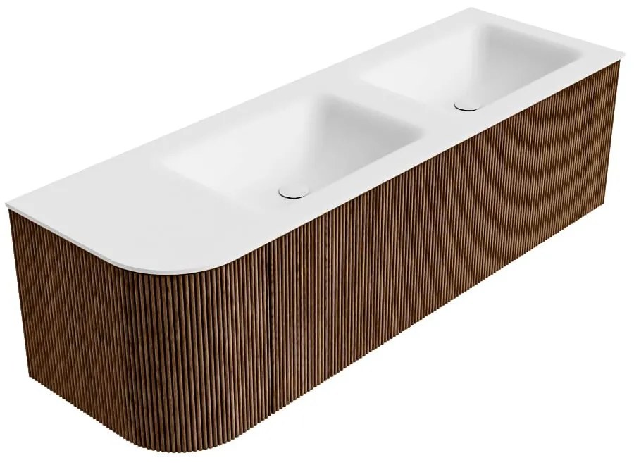 Mondiaz Kurve 145cm badmeubel ronding links walnut met 1 lade en deur en wastafel cloud dubbel/rechts 2 kraangaten