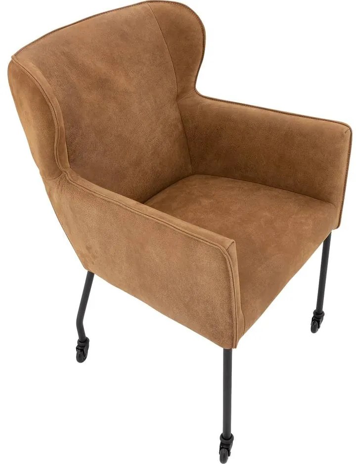 Goossens Excellent Eetkamerstoel Leogang donkerbruin leer met armleuning en Zwart skater wiel met zwarte kapmet wielen, elegant chic