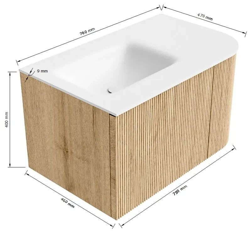 Mondiaz Kurve 75cm badmeubel ronding rechts oak met 1 lade en deur en wastafel grunne links zonder kraangat urban