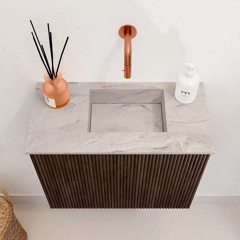 Mondiaz Joya DLux 50cm toiletmeubel walnut met wastafel faye rechts zonder kraangat glace