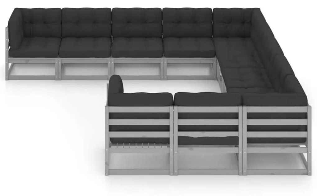 vidaXL 11-delige Loungeset met kussens massief grenenhout grijs