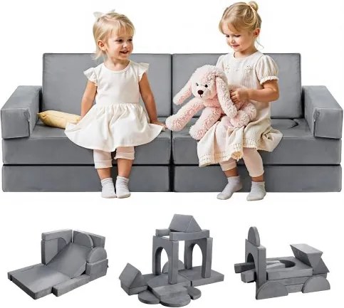VEVOR Modulaire Speelbank voor Peuters met Armleuningen, 28D Spons en Korte Pool, Zelfgemaakte Modulaire Kinderbank voor Speelkamer Slaapkamer, 14 Stuks, Grijs