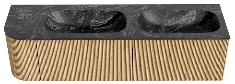 Mondiaz Kurve-dlux 165cm badmeubel ronding links oak met 2 lades en 1 deur en wastafel stor small dubbel/rechts 2 kraangaten lava