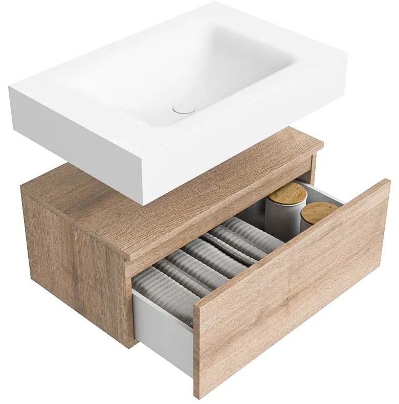 Zaro Alan badmeubel 70cm washed oak 1 lade met vrijhangende wastafel cloud midden 1 kraangat talc