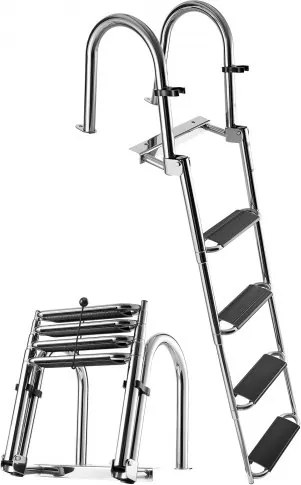 VEVOR Uitschuifbare bootladder, zwemladder met 4 antislip treden, breed pedaal en leuning, draagvermogen van 272 kg, toegang vanaf de achterzijde, telescopische ladder gemaakt van 304 roestvrij staal voor boten, steigers en zwembaden.
