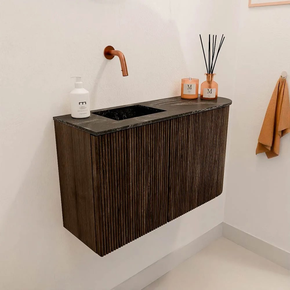 Mondiaz Joya DLux 70cm toiletmeubel ronding rechts walnut met wastafel faye links zonder kraangat lava