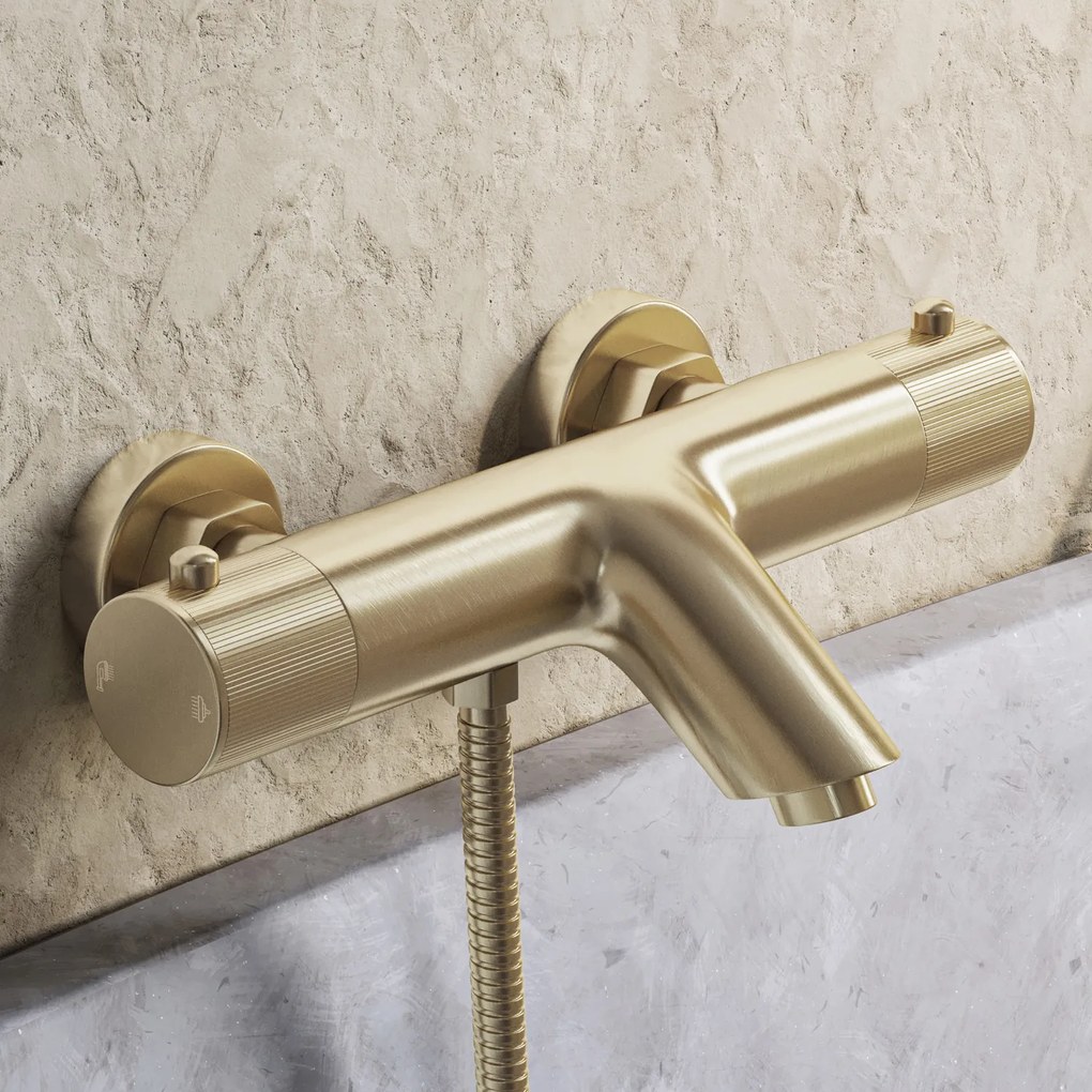 Saniclear Brass Stripes thermostatische opbouw badkraan met handdouche geborsteld messing - mat goud