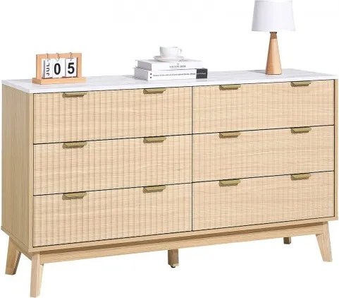 VEVOR ladekast met 6 gecanneleerde lades en schuif- en kantelbeveiliging, minimalistische moderne ladekast (399 x 1372 x 813 mm) organizer voor woonkamer, slaapkamer en gang (licht hout)