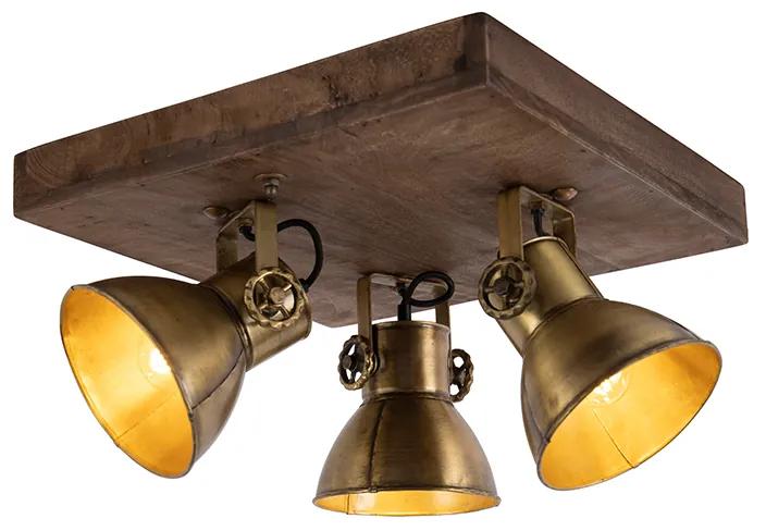 Plafondlamp brons met hout 3-lichts - Mangoes Industriele / Industrie / Industrial E27 vierkant Binnenverlichting Lamp