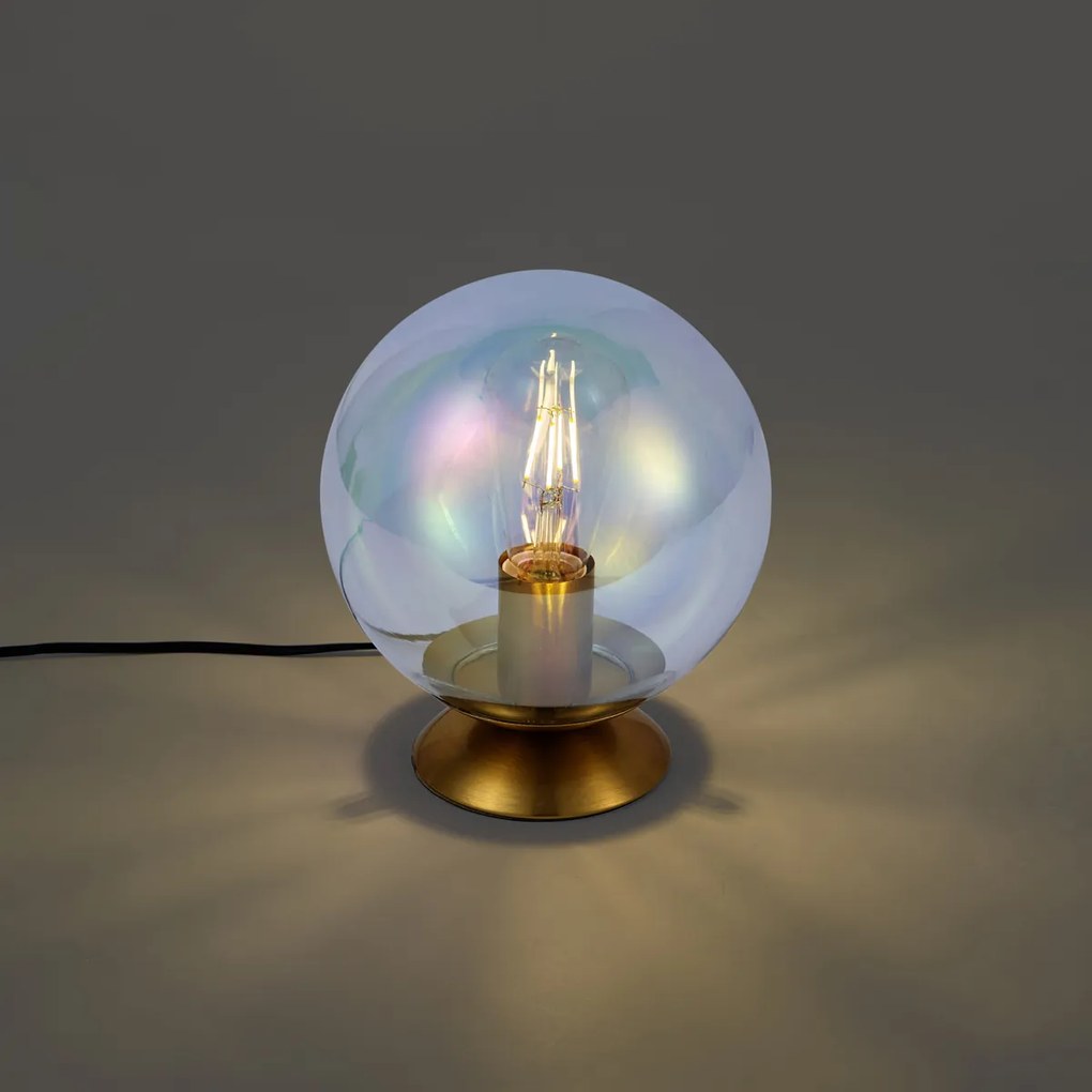 Art deco tafellamp messing met smoke regenboog glas  - Pallon