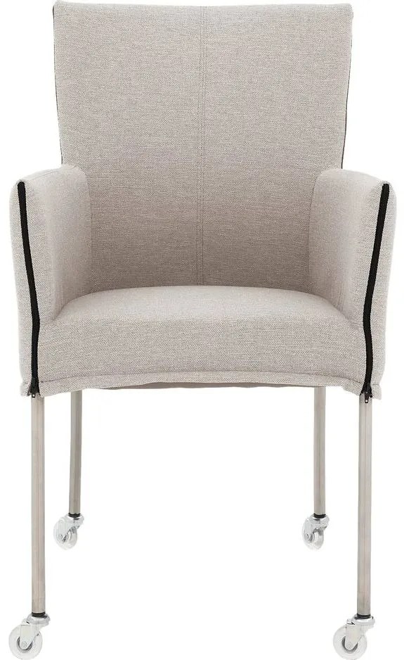 Goossens Eetkamerstoel Funk RVS Poten lichtgrijs stof met armleuning en Transparant skater wiel met rvs kapmet wielen, modern design