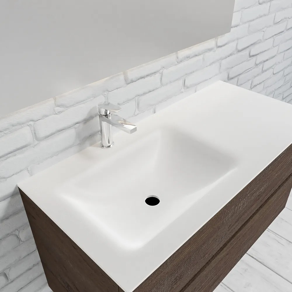 Zaro Valencia Solid Surface badmeubel 100cm donker eiken 1 kraangat spoelbak links met 2 lades