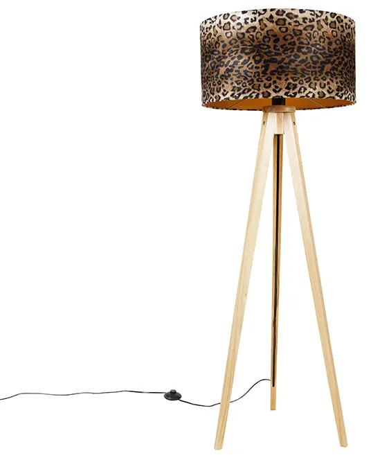 Moderne vloerlamp hout stoffen luipaard kap 50 cm - Tripod Classic rond Binnenverlichting Lamp