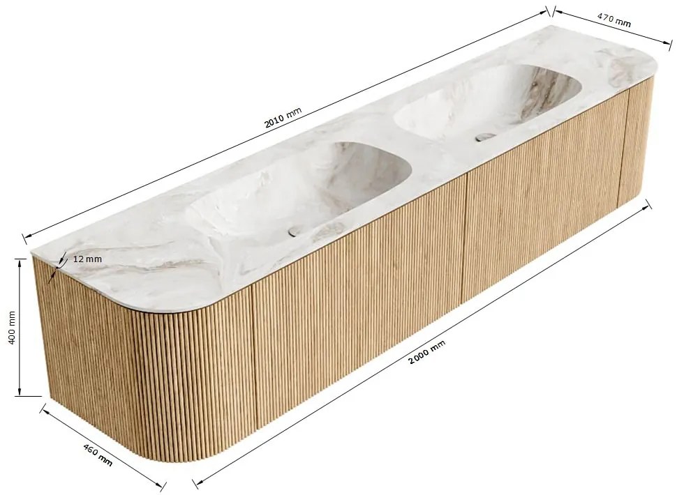 Mondiaz Kurve-dlux 200cm badmeubel ronding links/rechts oak met 2 lades en deuren en wastafel stor small dubbel zonder kraangat frappe