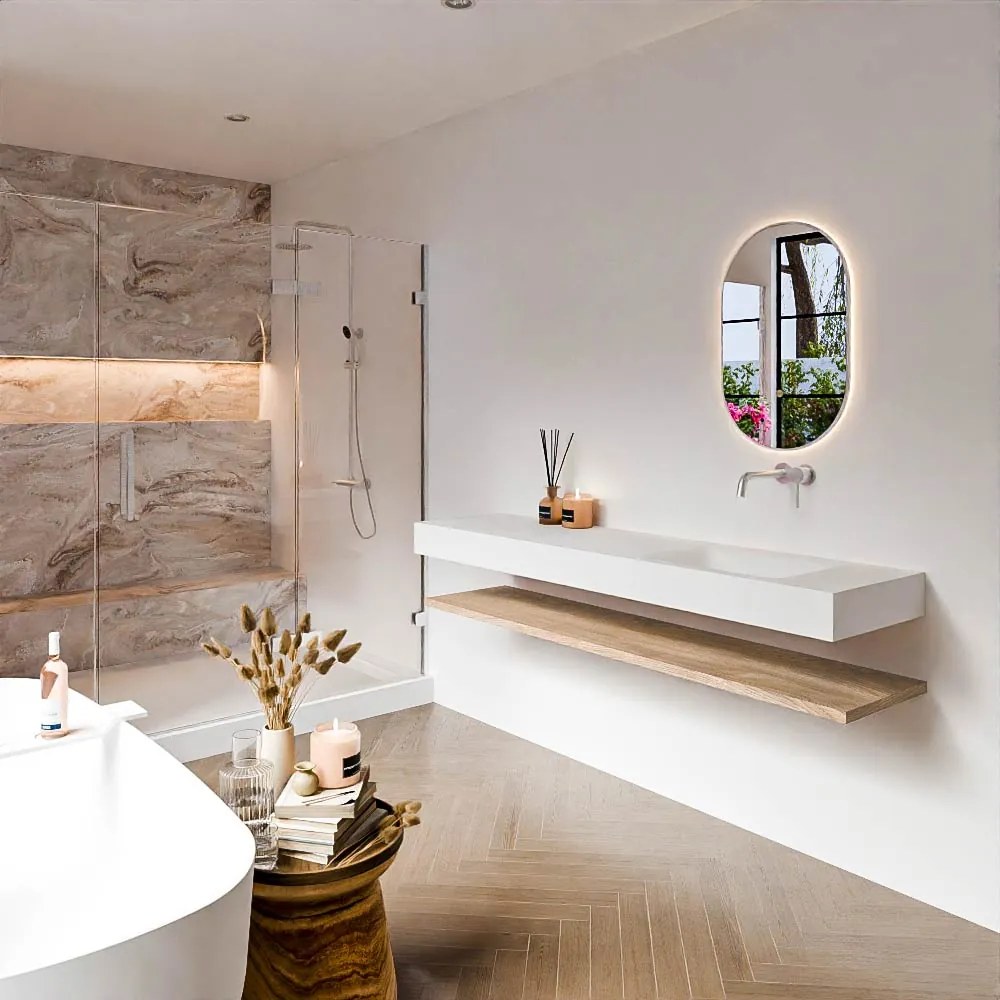 Zaro Alan badmeubel 180cm met planchet washed oak en vrijhangende wastafel cloud rechts zonder kraangat talc