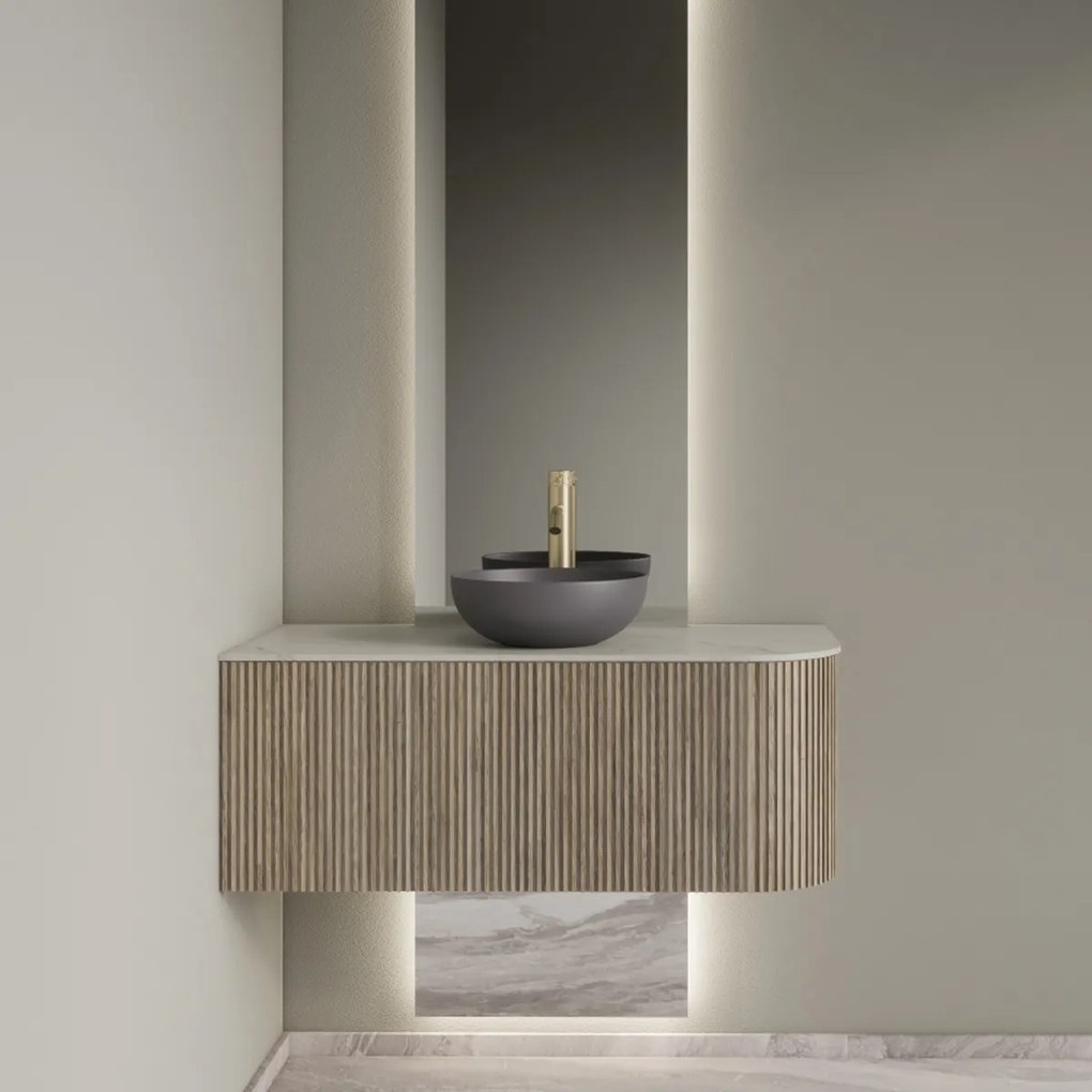 Gliss Design Alluro badmeubel ribbelfront met ronding rechts 100cm corn silk en wit marmer toppaneel