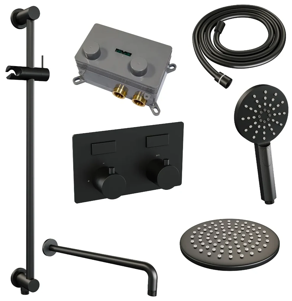 Brauer Black Edition thermostatische inbouw regendouche met 3 standen handdouche, gebogen muurarm, glijstang en hoofddouche 20cm set 69 zwart mat