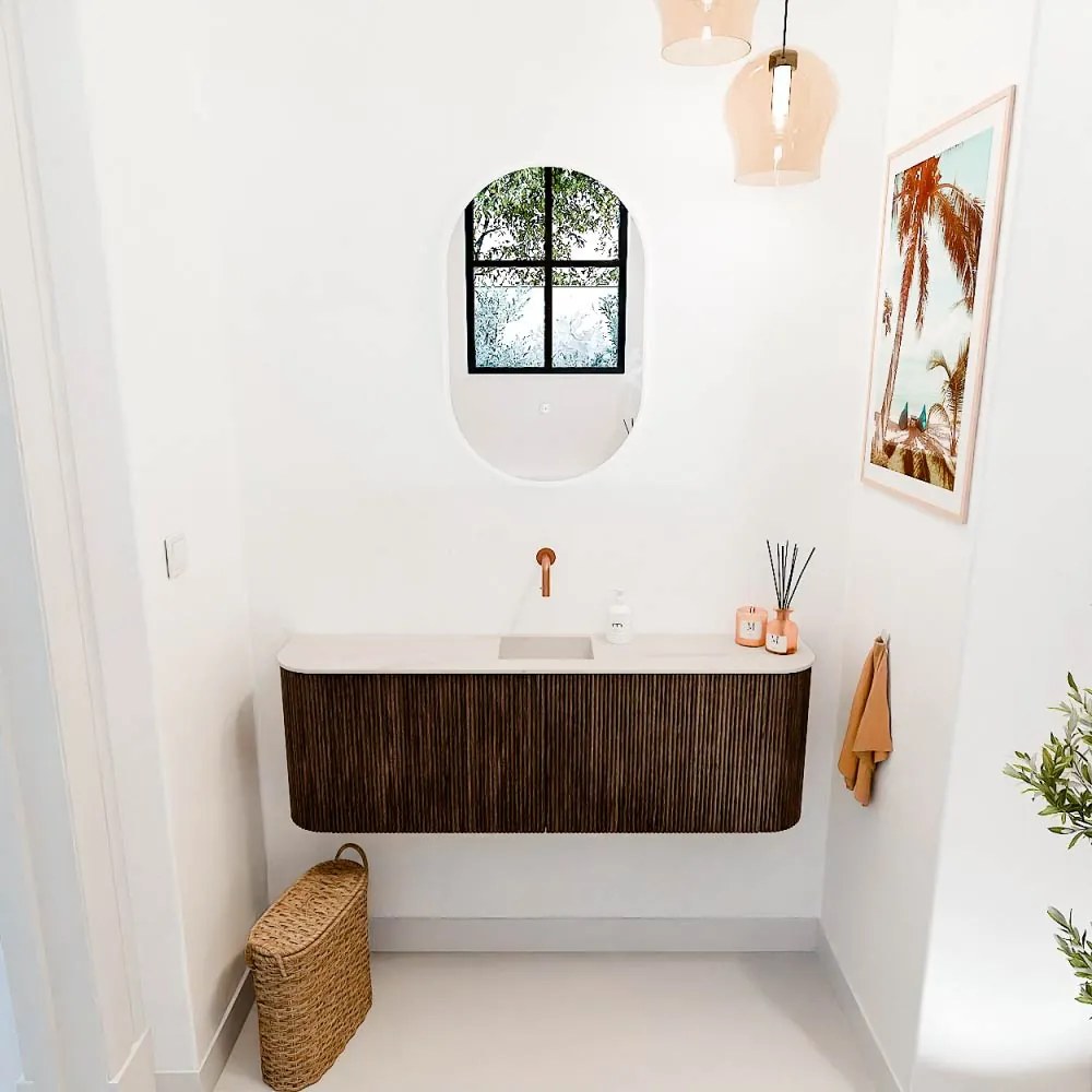 Mondiaz Joya DLux 125cm toiletmeubel ronding links/rechts walnut met wastafel faye midden zonder kraangat meli