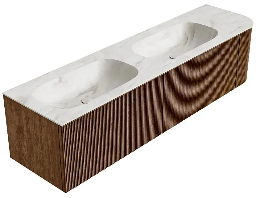 Mondiaz Kurve-dlux 175cm badmeubel ronding rechts walnut met 2 lades en 1 deur en wastafel stor small dubbel/links 2 kraangaten ostra
