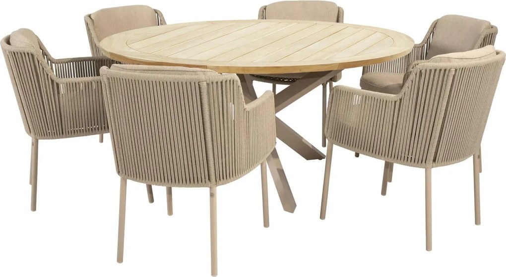 4 Seasons Outdoor Bernini tuinset latte met Prado tafel met teak blad Ø 160 cm Tuinset beige weerbestendig