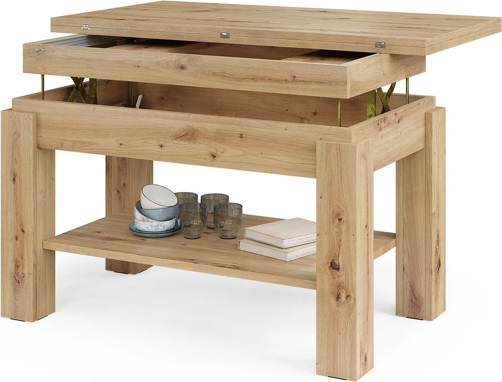 BRAVO artisan eiken – uitschuifbare en in hoogte verstelbare salontafel, tafel met plank