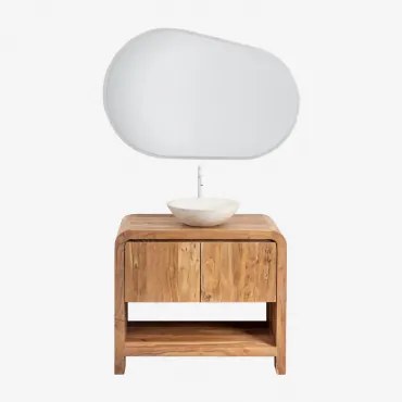 Vacry Houten Badkamermeubelset Acacia Bruin & Rond Cement Wit Ø40 Cm Zavion & Ovaal Led En Anticondens 100x80 Cm Riben & Wit ↑30 Cm Met Aftapkraan Zon
