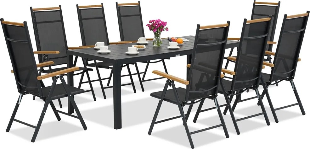 Aluminium tuinmeubelen polywood Verona met grote Wood tafel voor 8 personen Garden Point zwart