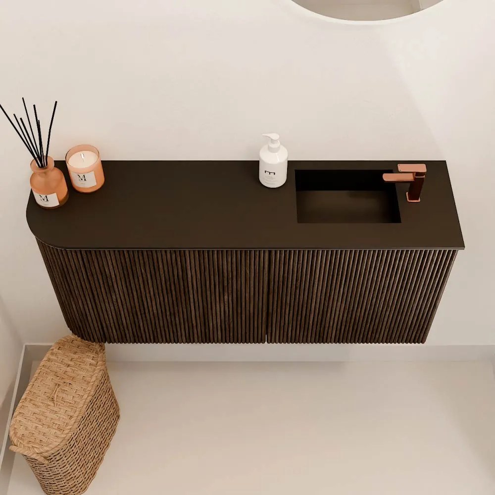 Mondiaz Joya 90cm toiletmeubel ronding links walnut met wastafel faye rechts 1 kraangat urban