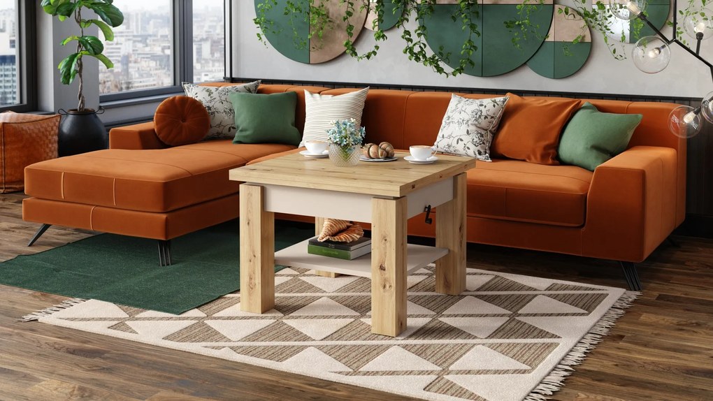 CLEO ARTISAN EIK / BEIGE, UITSCHUIFBARE SALONTAFEL