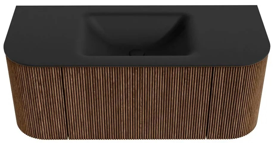 Mondiaz Kurve 110cm badmeubel ronding links/rechts walnut met 1 lade en 2 deuren en wastafel cloud midden zonder kraangat urban