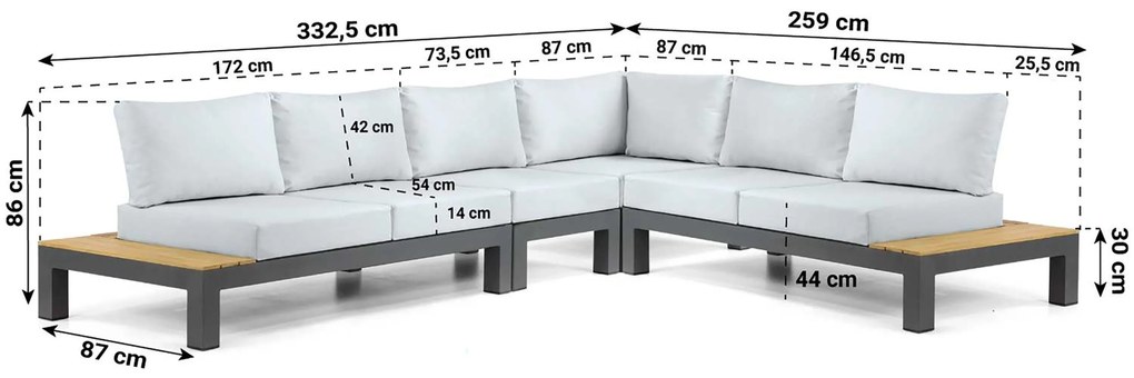 Loungeset 6 personen Aluminium/Teak Grijs Lifestyle Garden Furniture Vittoria