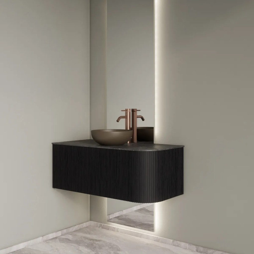 Gliss Design Alluro badmeubel ribbelfront met ronding rechts 100cm black en zwart leisteen toppaneel