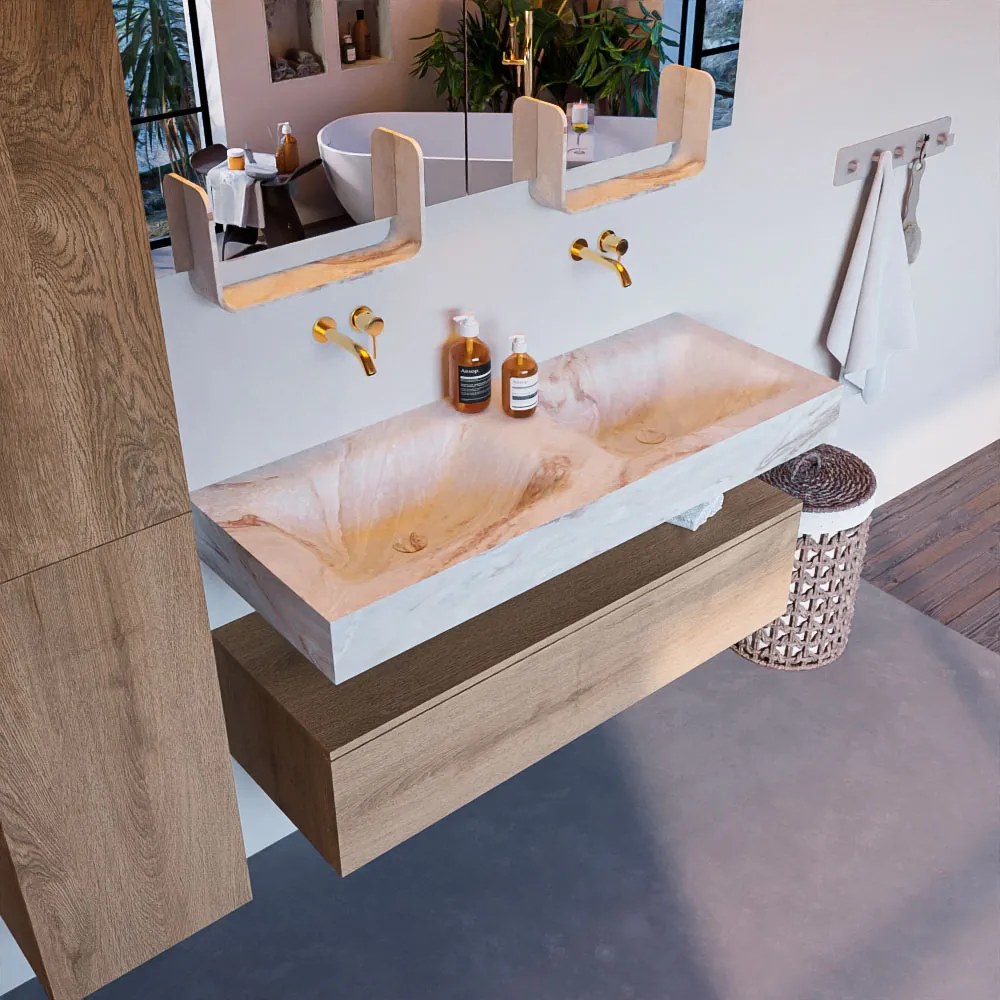 Mondiaz Alan DLux badmeubel 120cm washed oak 1 lade met wastafel frappe dubbel zonder kraangat