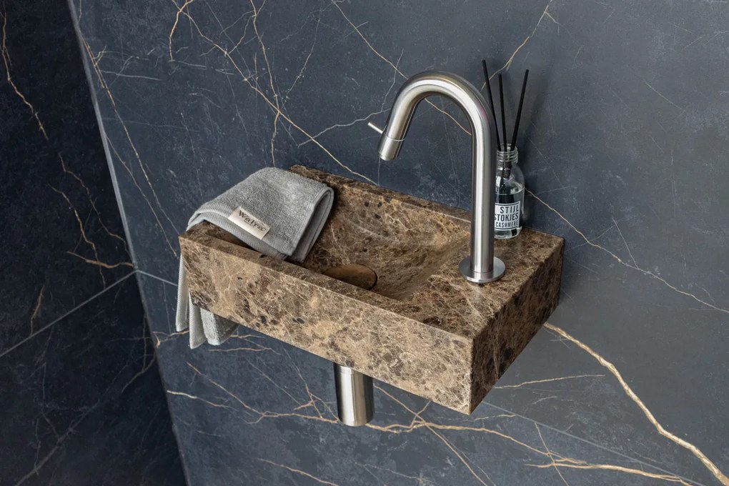 Saniclear Dark Emperador fonteinset met gebogen kraan in RVS