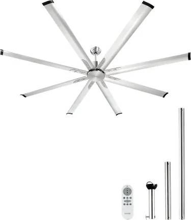 VEVOR 214 cm plafondventilator zonder licht, 6-snelheden afstandsbediening, 8 bladen, omkeerbare DC-motor, ventilator voor slaapkamer, woonkamer, terras, binnen/buiten, geborsteld nikkel