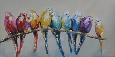 Schilderij - Handgeschilderd - Gekleurde vogels 150x60cm