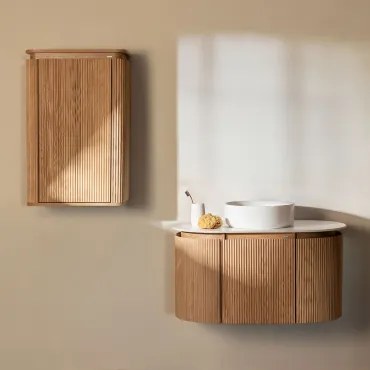Carsone Zwevend Badkamermeubelset 90x50 Cm Van Hout Natuurlijk Hout & Natuurlijk Hout & Rond Keramiek Wit Ø40 Cm Lenka & Spiegelloze & Zonder Kraan -