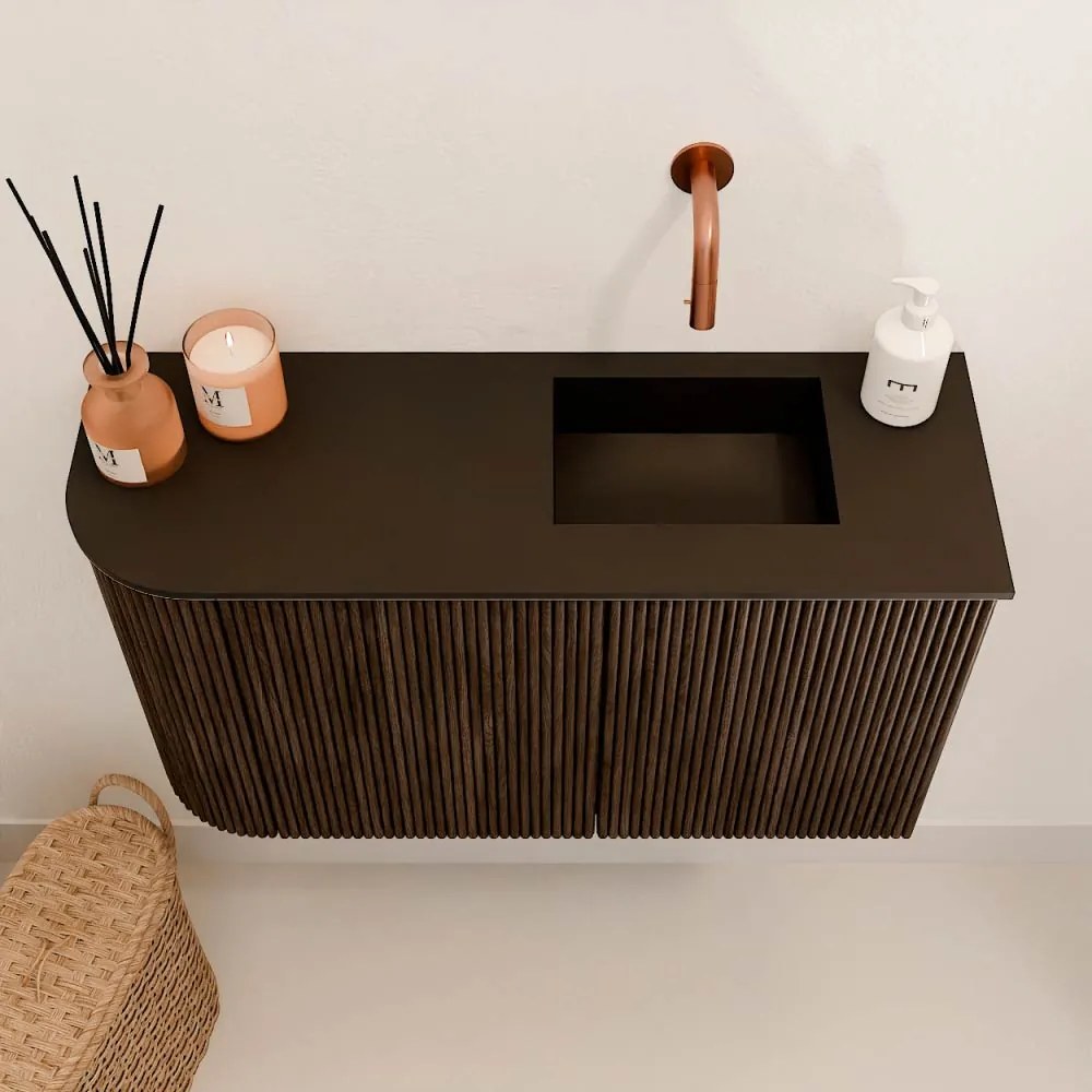 Mondiaz Joya 70cm toiletmeubel ronding links walnut met wastafel faye rechts zonder kraangat urban