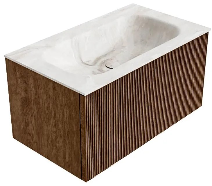 Mondiaz Kurve-dlux 80cm badmeubel walnut met 1 lade en wastafel big small midden 1 kraangat frappe