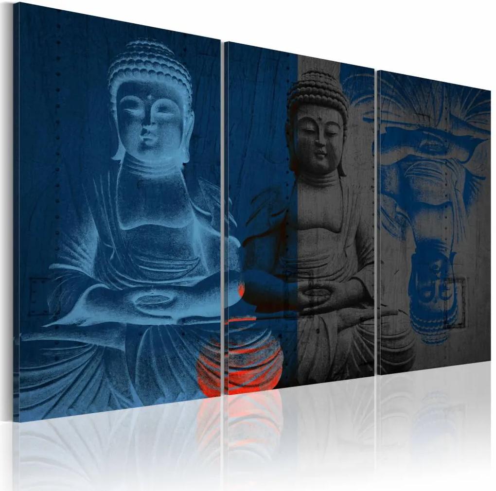 Schilderij - Boeddha - Diepe Meditatie, Blauw, 3luik